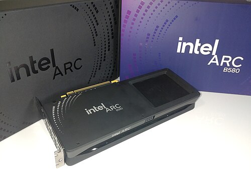 An Intel Arc Battlemage B580 Limited Edition graphics card with its box and inner box as background